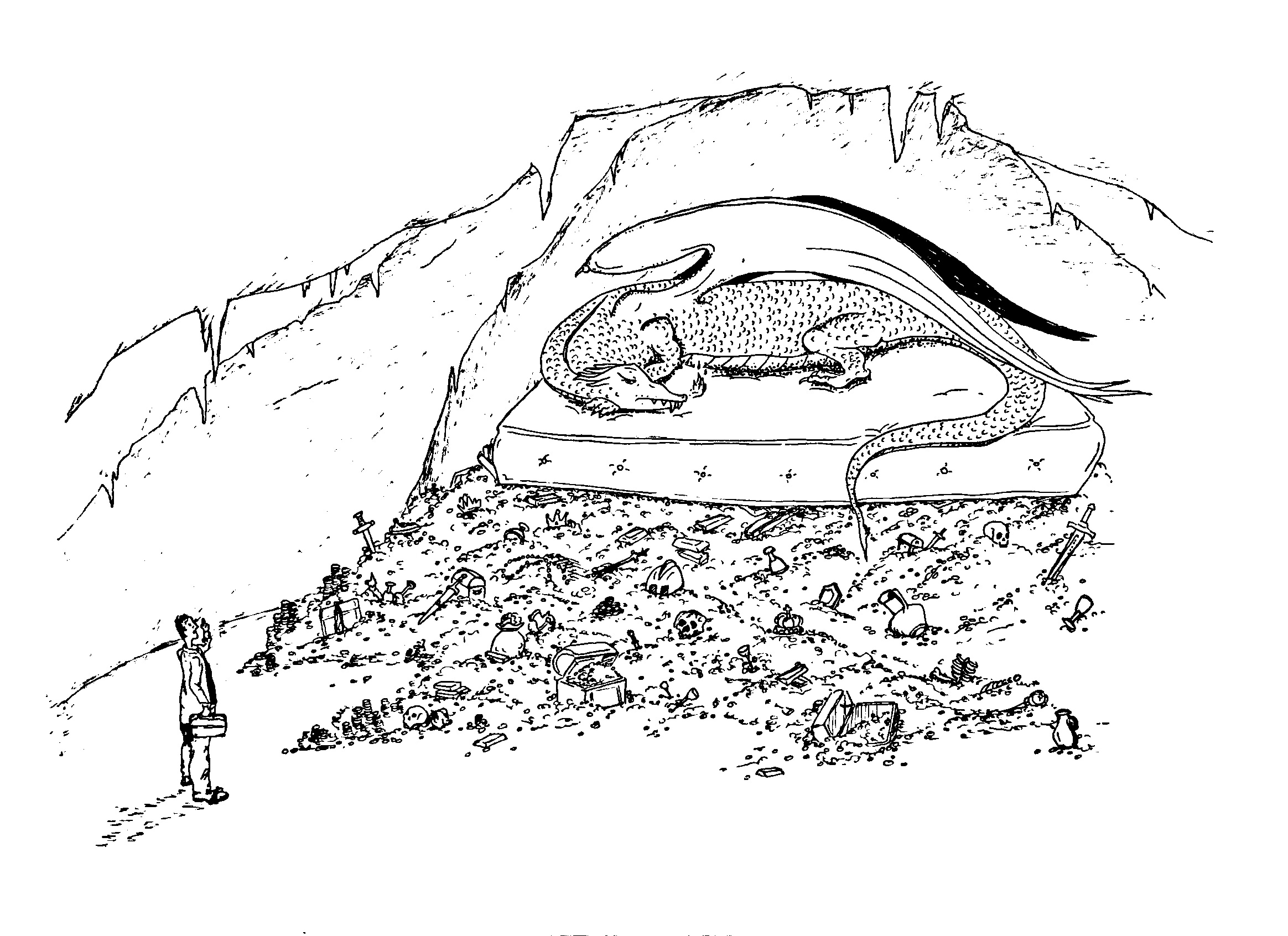 An illustration of Steve approaching the dragon on its mattress