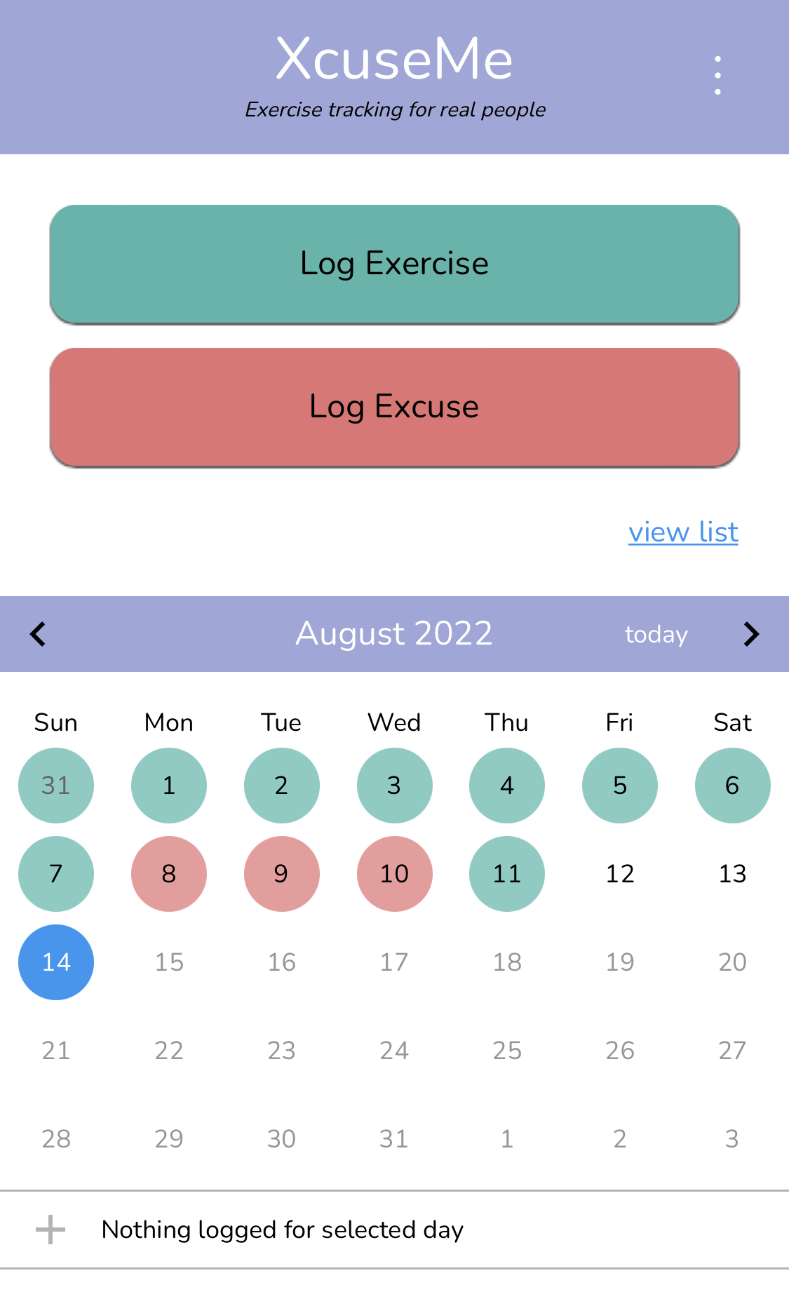 A calendar with excuses marked in red and exercises in green